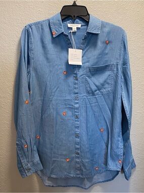 beachlunchlounge Light Blue Denim Shirt, pumpkin Embroidery NWT. Women S. Jeans